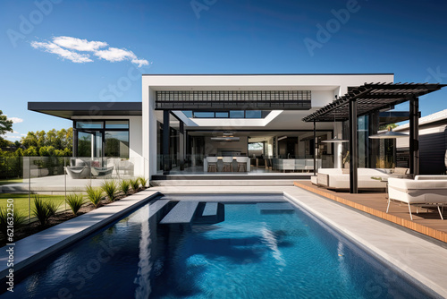 Beautiful modern luxioury home exterior design  with a large and asthetic pool.