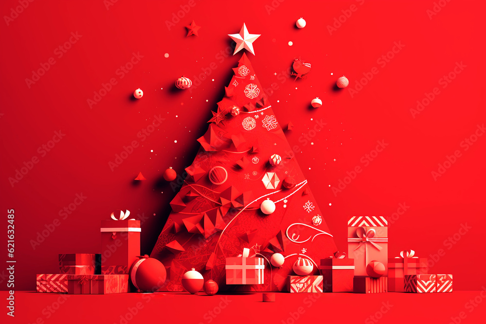 Christmas tree and gifts 2D on a monochrome red background. Winter background with Christmas tree and gifts.