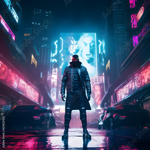 cyberpunk style street neon lit huge humanoid facing cam person walking in the street person walking in the night