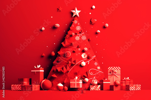 Christmas tree and gifts 2D on a monochrome red background. Winter background with Christmas tree and gifts. © Anastasiya