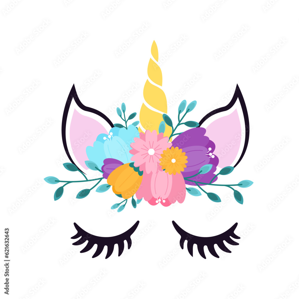 Cute unicorn with flowers. Vector illustration in a flat style. Stock ...