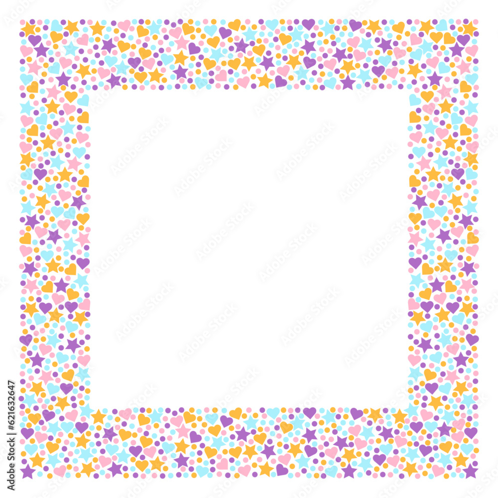 Cute colorful frame with hearts, stars and circles. Birthday frame. Vector illustration in a flat style. Cute colorful frame with hearts, stars and circles. Birthday frame. Vector illustration in a flat style.