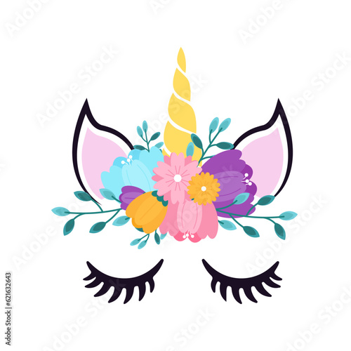 Cute unicorn with flowers. Vector illustration in a flat style.