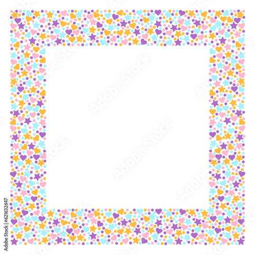 Cute colorful frame with hearts, stars and circles. Birthday frame. Vector illustration in a flat style. © OneMoreTry
