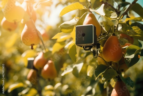 Sensors on pears in sunny garden summer day. AI technology senses fruit stress. Using artificial intelligence to grow better fruit. Nano-sensor detects pesticides on fruit