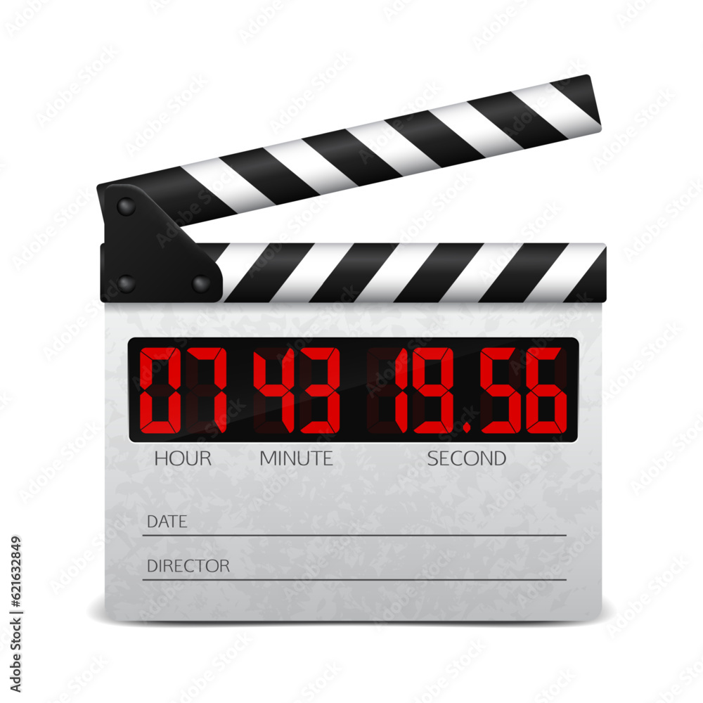 Digital clapper board on white background. Film movie clapper board with digital numbers. Vector illustration.