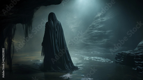 A Mysterious Figure Wearing a Black Robe in a Dimly Lit Cavern Generative AI