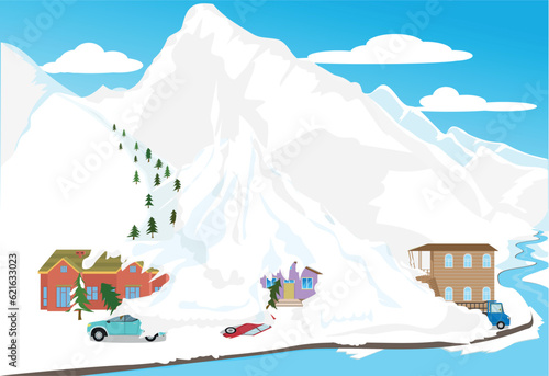 snow falling from the mountain peaks turns into an avalanche that causes a great disaster