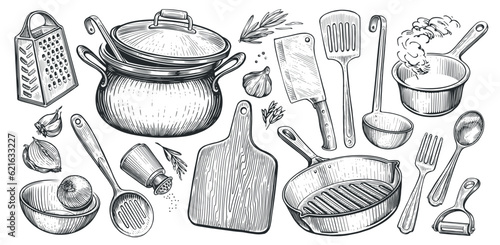 Fototapeta samoprzylepna Set of kitchen utensils for cooking. Food concept. Sketch vintage vector illustration for restaurant or diner menu