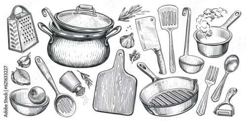 Obraz Set of kitchen utensils for cooking. Food concept. Sketch vintage vector illustration for restaurant or diner menu