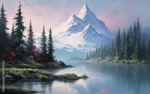 A painting of a mountain lake with a mountain in the background