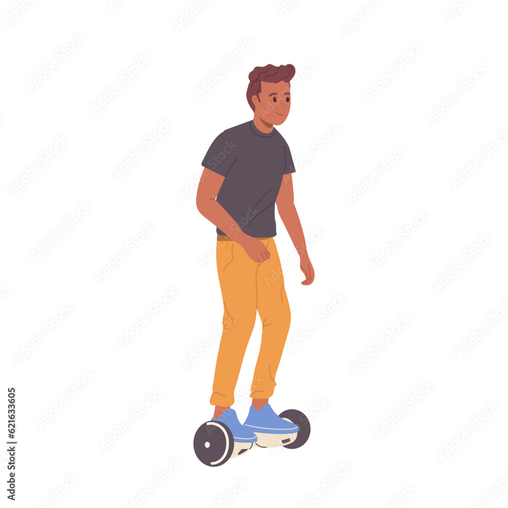 Handsome smiling man riding self-balancing hoverboard scooter isolated on white background Handsome smiling man riding self-balancing hoverboard scooter isolated on white background