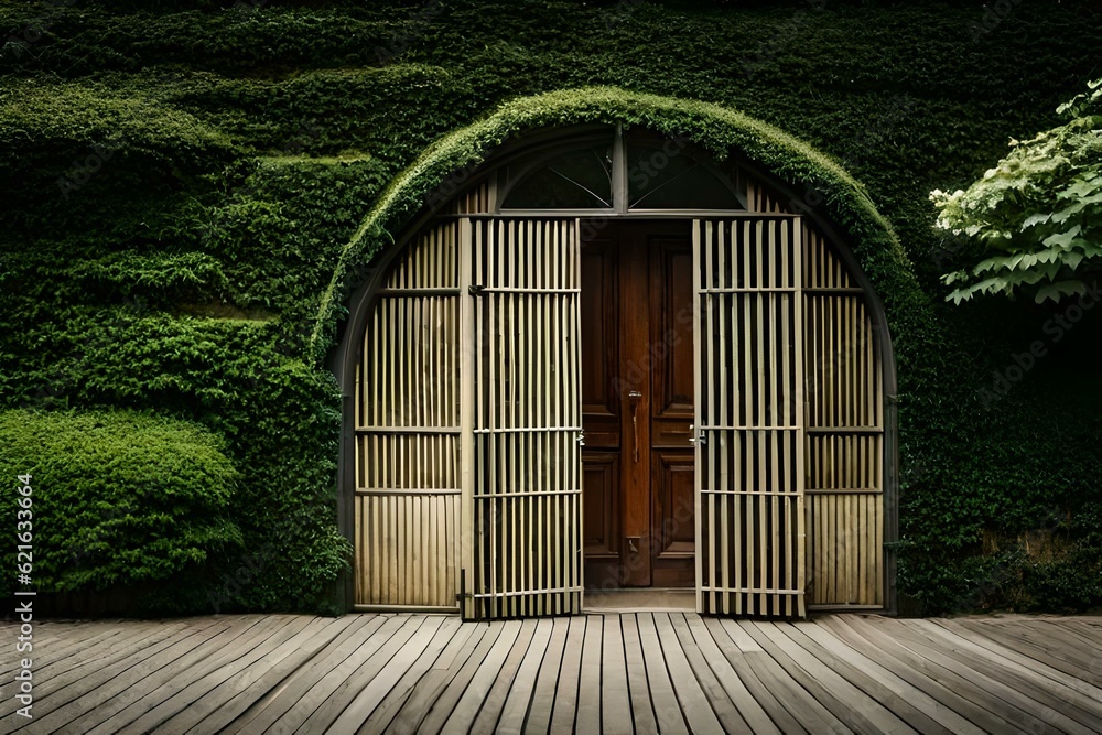 A door set in a greenery wall, by generative Ai