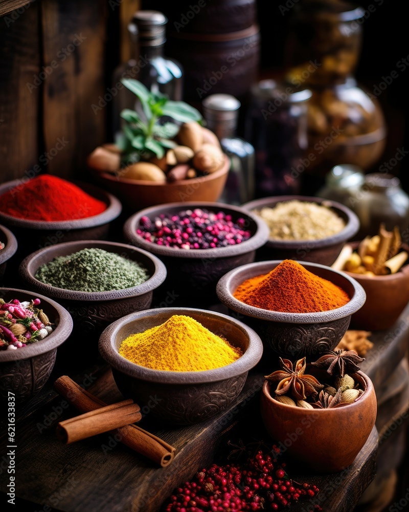a colorful shot of a variety of spices in bowls, generative ai
