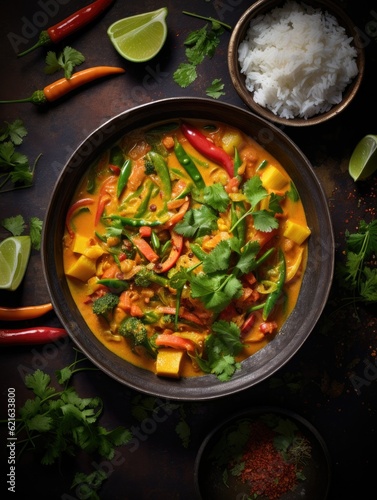 a bowl of vibrant vegetable curry, generative ai