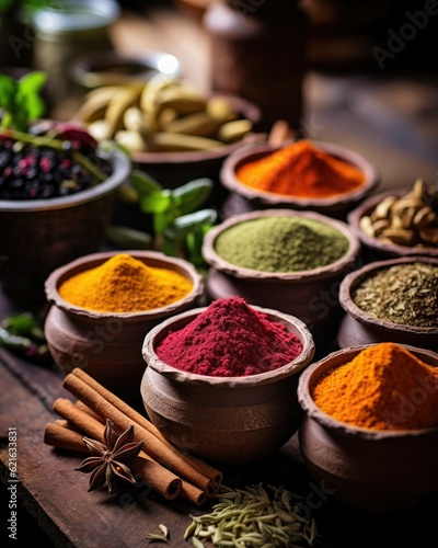 Fototapeta Naklejka Na Ścianę i Meble -  a colorful shot of a variety of spices in bowls, generative ai