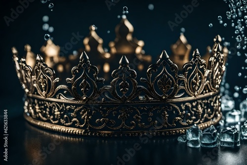 Crown with water droplets and small ice cubes with black background, by generative Ai