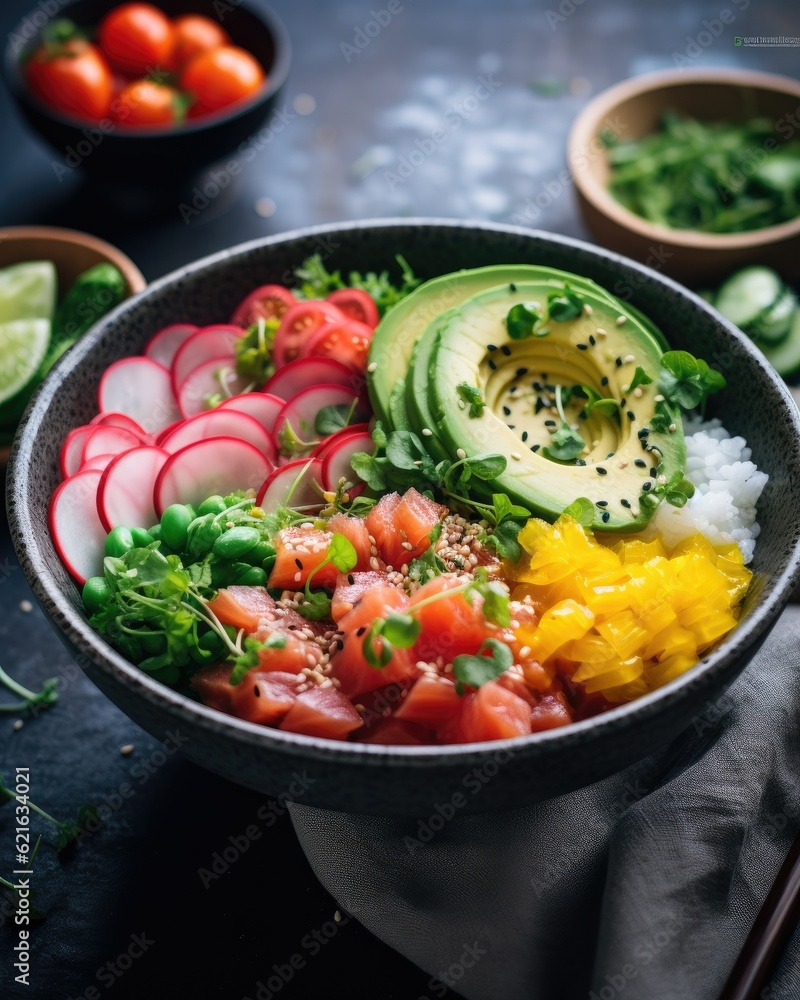 a vibrant and fresh poke bowl with raw fish, generative ai a vibrant and fresh poke bowl with raw fish, generative ai