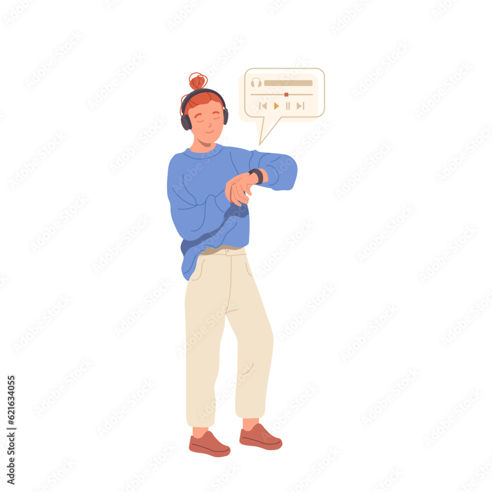Young teenager guy cartoon character using headphones and smartwatch for listening to music Young teenager guy cartoon character using headphones and smartwatch for listening to music