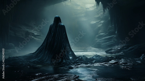 Foto A Mysterious Figure Wearing a Black Robe in a Dimly Lit Cavern Generative AI