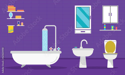 Bathroom interior with plumbing furniture and washing accessories. Vector flat illustration