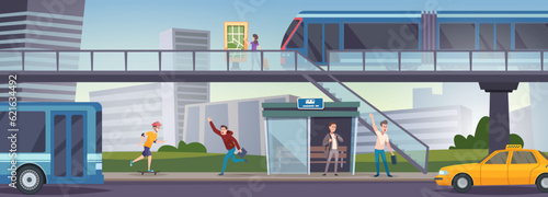 Urban landscape. People going to bus station daily routine city activities exact vector cartoon background