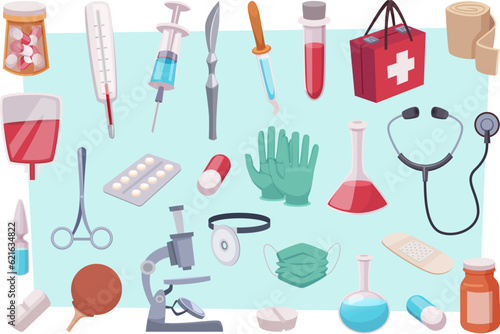 Medical tools. Drugs and pills for healthcare people antibiotic pharmacy industry medical items exact vector templates in cartoon style