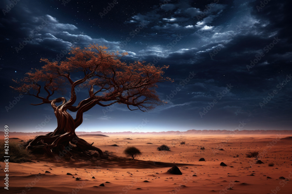 Lonely dried tree in desert landscape at twilight. Dead tree silhouette at night with starry sky. Beautiful landscape. Created with Generative AI Lonely dried tree in desert landscape at twilight. Dead tree silhouette at night with starry sky. Beautiful landscape. Created with Generative AI