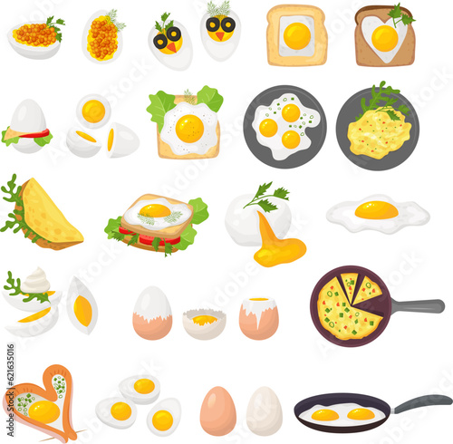 Eggs. Fried and boiled products from eggs recent vector culinary set illustrations