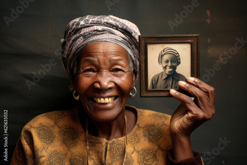 Elderly black woman holds an old photograph in her hands with an image of young woman Fototapet