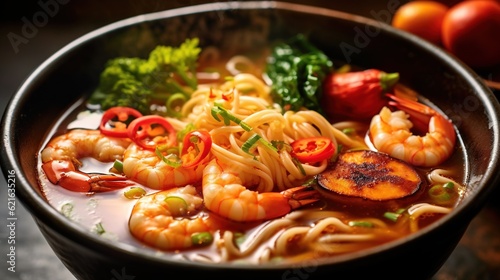  a bowl of noodles with shrimp, broccoli and tomatoes. generative ai