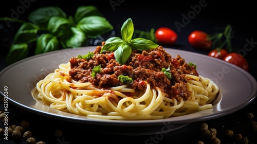 a delicious plate of spaghetti bolognese with a rich sauce, generative ai