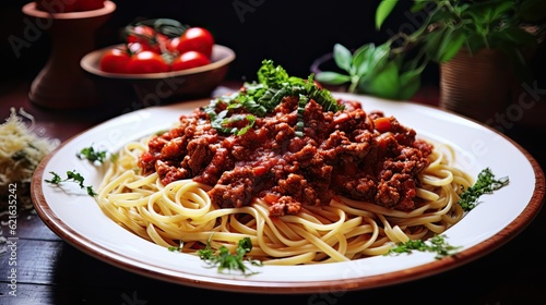 a delicious plate of spaghetti bolognese with a rich sauce, generative ai