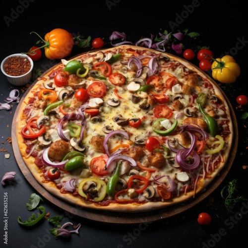 a fresh delicious pizza with a variety of colorful vegetable toppings, generative ai