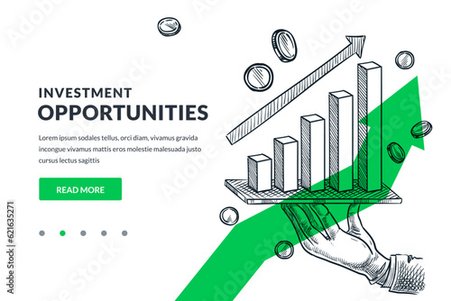 Hand holding tablet with stock market statistics chart. Vector sketch illustration. Businessman show profits on graphs