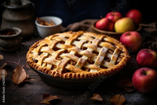 a rustic shot of a homemade apple pie, generative ai