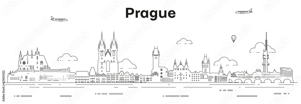 Prague skyline line art vector illustration