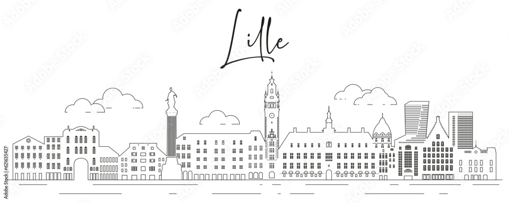 Lille skyline line art vector illustration