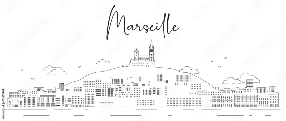 Marseille skyline line art vector illustration