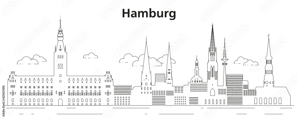 Hamburg skyline line art vector illustration