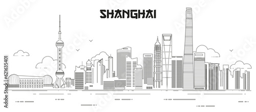 Photography Shanghai skyline line art vector illustration