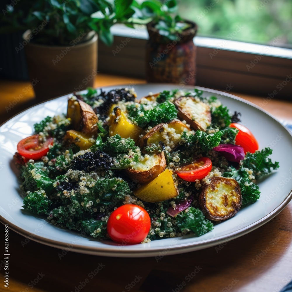 a hearty rustic salad with kale quinoa and roasted vegetables, generative ai a hearty rustic salad with kale quinoa and roasted vegetables, generative ai