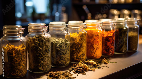 a collection of dried herbal tea leaves in jars, generative ai
