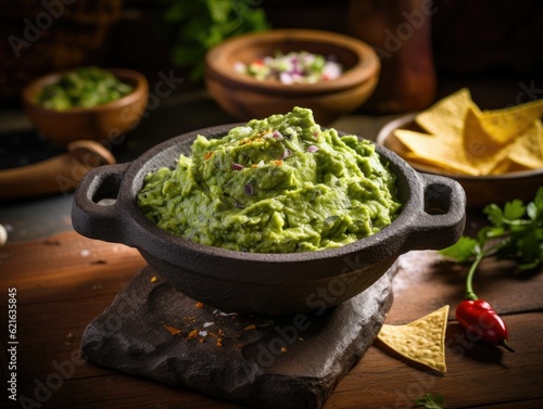 a homemade guacamole in a traditional molcajete with tortilla chips, generative ai