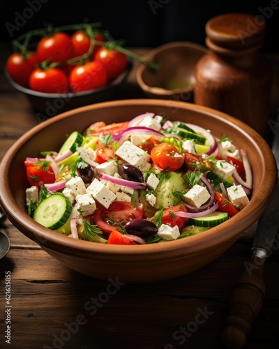 a refreshing bowl of greek salad with feta cheese, generative ai