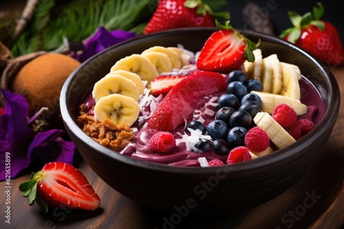 a vibrant tropical acai bowl garnished with slices of fresh fruit, generative ai