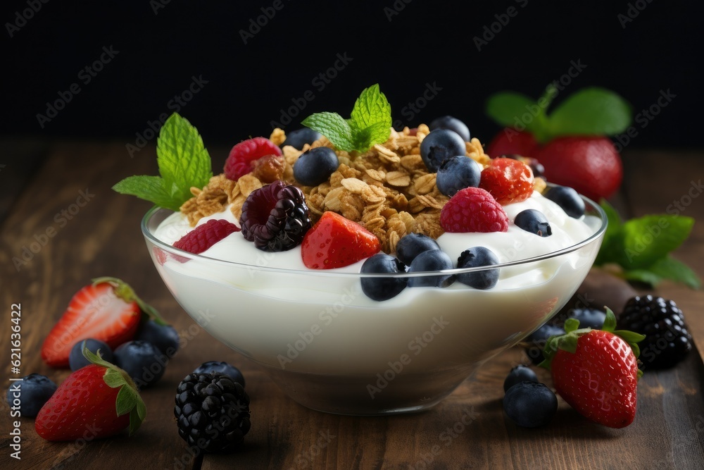 a bowl of greek yogurt topped with granola and berries, generative ai a bowl of greek yogurt topped with granola and berries, generative ai