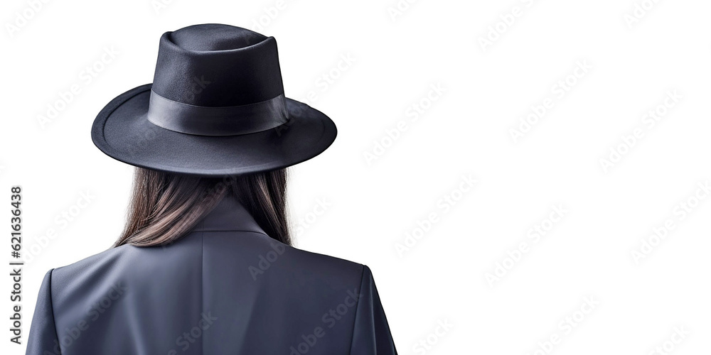 Woman in a hat and formal suit, close-up view from the back and on an isolated background. Generative AI Woman in a hat and formal suit, close-up view from the back and on an isolated background. Generative AI