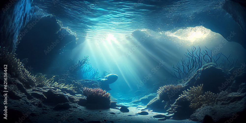 Obraz premium Underwater seascape - rays of light, fish and coral reef. Generative AI