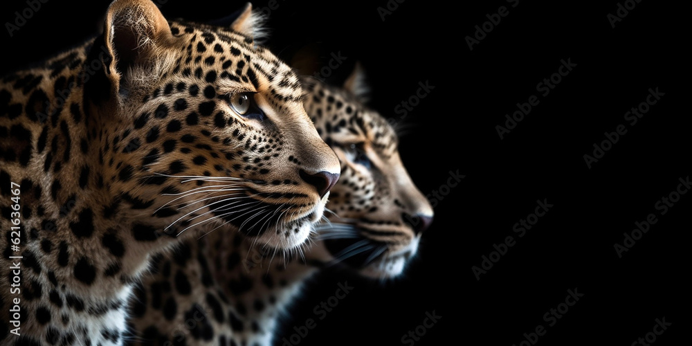 Fototapeta premium Portrait of two leopards or jaguars on an isolated black background. Generative AI